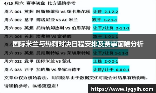 国际米兰与热刺对决日程安排及赛事前瞻分析